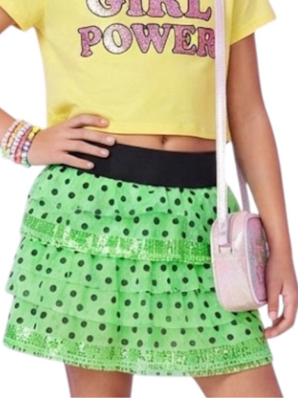 JUSTICE Girls Preppy Y2K Neon Green Polka Dot Sequin Tiered Skater Skirt Size 7Y